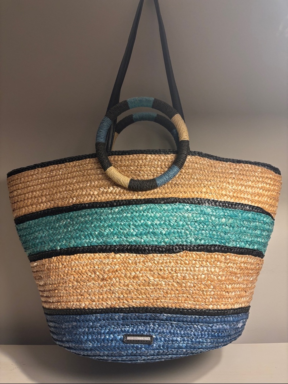 Rebecca Minkoff blue black tan straw circle handle tote bag